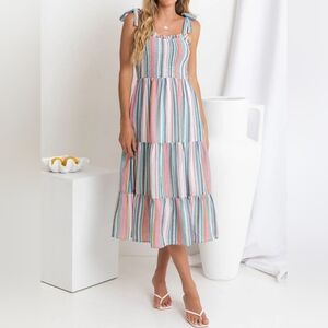 NWT - Viscose/Poly/Cotton Contrast Striped Square Neck Cami Midi Dress L